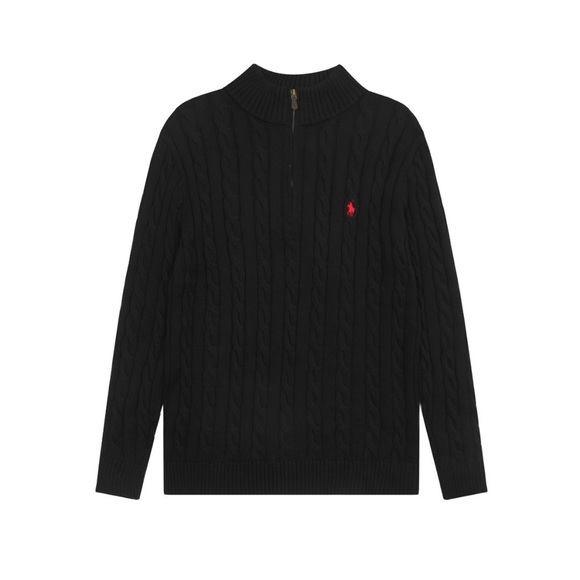 Polo by Ralph Lauren Black Cable Knit Sweater with Red Logo